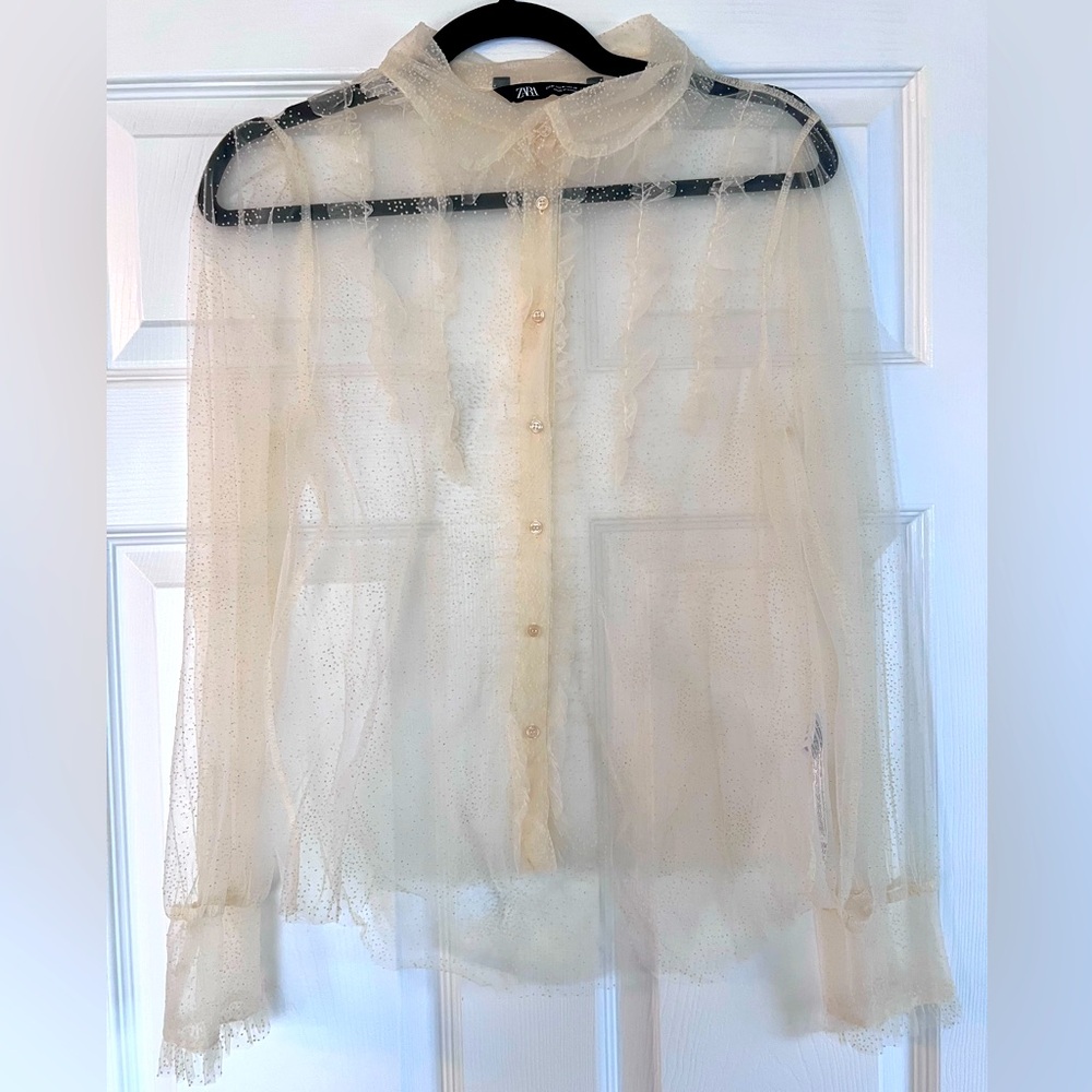 Zara sheer button down shirt, cream color, size M